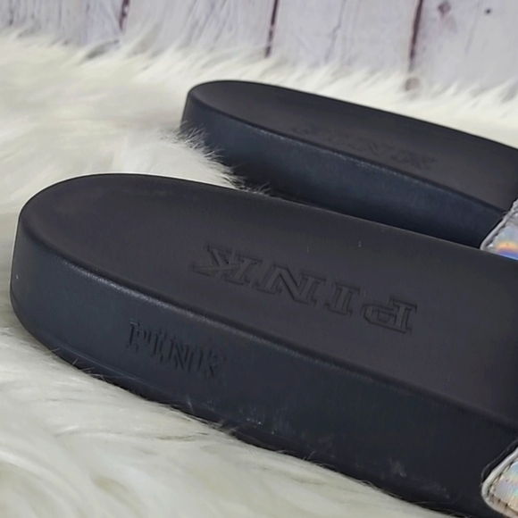 Victoria's Secret PINK Silver Rainbow Holographic Metallic Slide Slip-On Sandals - Picture 17 of 17